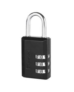 Masterlock padlock, Security level 4, 30mm zinc padlock w black vinyl cover- nickel-plated steel shackle and dialing wheels- 3 reset combi, Luggage