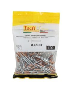 Open end dome head blind rivets, copper/zp steel, Ø 3,2x10mm, Bag 100