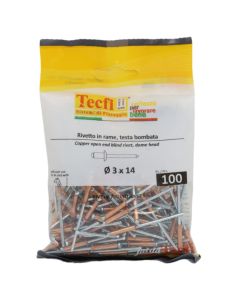 Open end dome head blind rivets, copper/zp steel, Ø 3x14mm, Bag 100