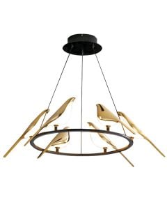 Round pendant Led light with bird, 30W, 4000K, 91x150 cm,  black and gold
