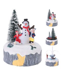 CHRiSTMAS SCENE WiTH Led, SiZE: 9X9X12.5CM, 3 ASSORTED SCENES: SNOWMAN WiTH KiDS AND BOTTLE BRUSH TREE , FOUNTAiN WiTH DOG, 2X BOTTLE BRUSH TREES WiTH TRAiN, 2XAAA BATTERiES NOT iNCLUDED