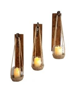 Led candle+ wall hanging support, wood material, 7x14x30 cm, 3 pc