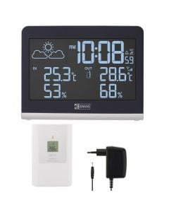 Digital Thermometer E0300 with 1 wireless sensor, date, time zones, calendar, alarm, humidits,LED desplay 7x12.2cm, -20 °C/+60 °C, 4.5 V DC/300 mA / 1x 3V CR2032, 10×6.5×3.5 cm, d= 30m