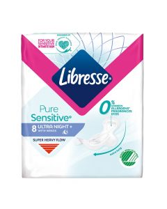 Hygienic napkins, Libresse, Pure sensitive Ultra Night +, monthly, 8 pieces