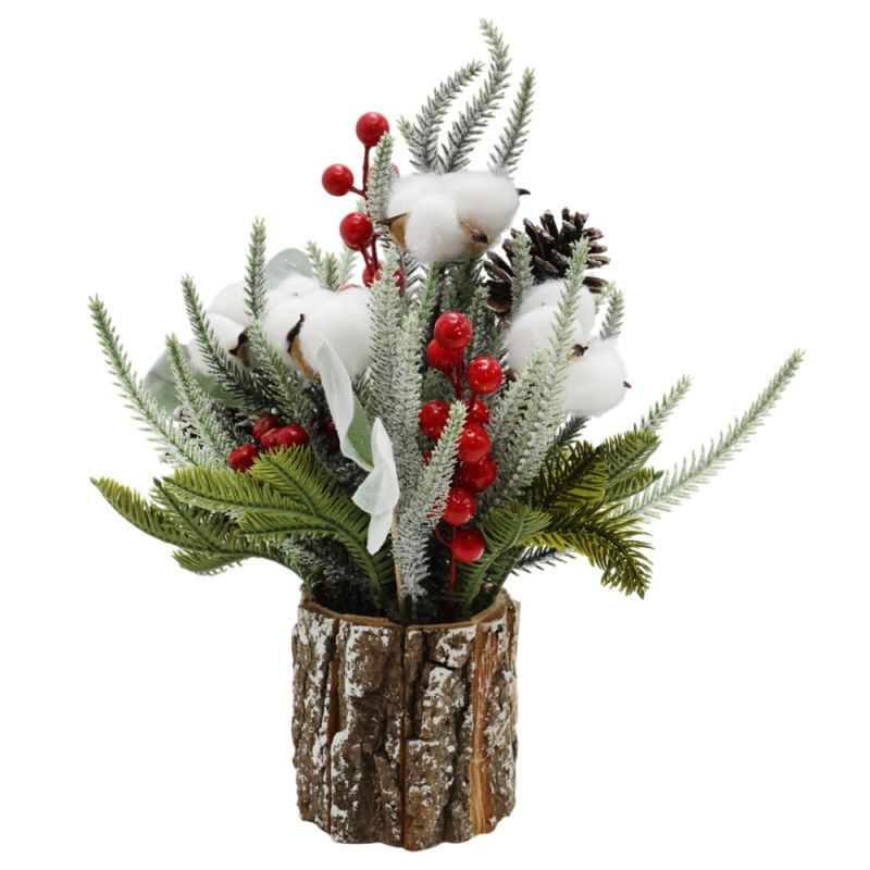 Small Christmas tree, green with red decorations, wooden vas