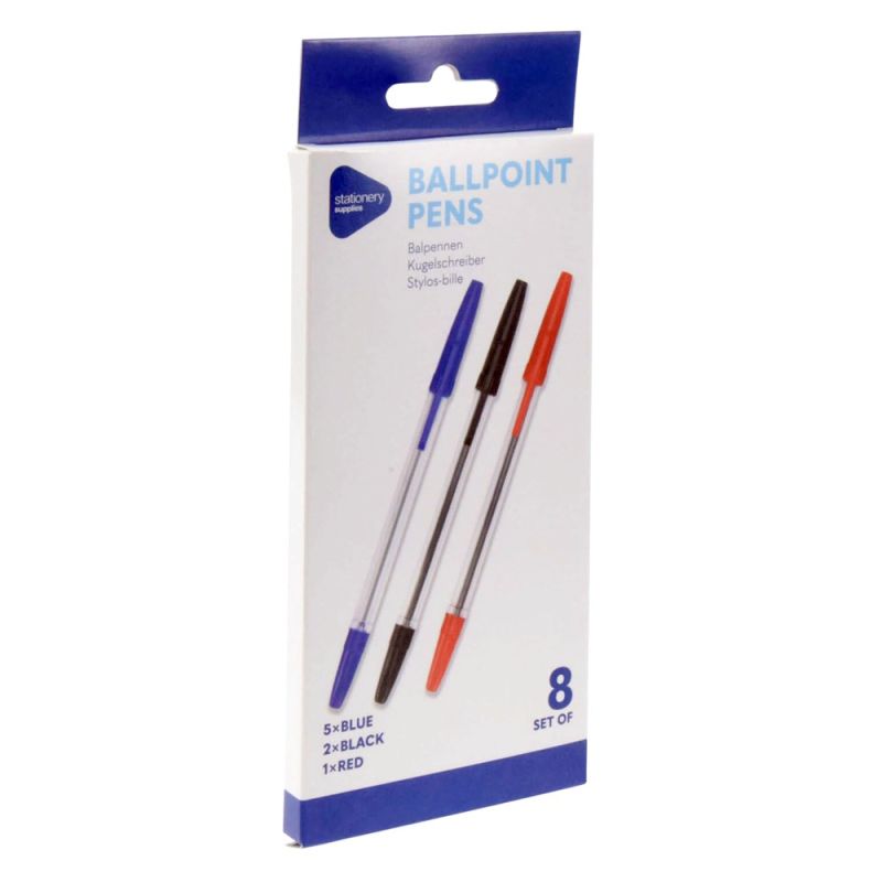 Pen set, Ballpoint, blue/black/red, 8 pieces, 1 pack | Megat