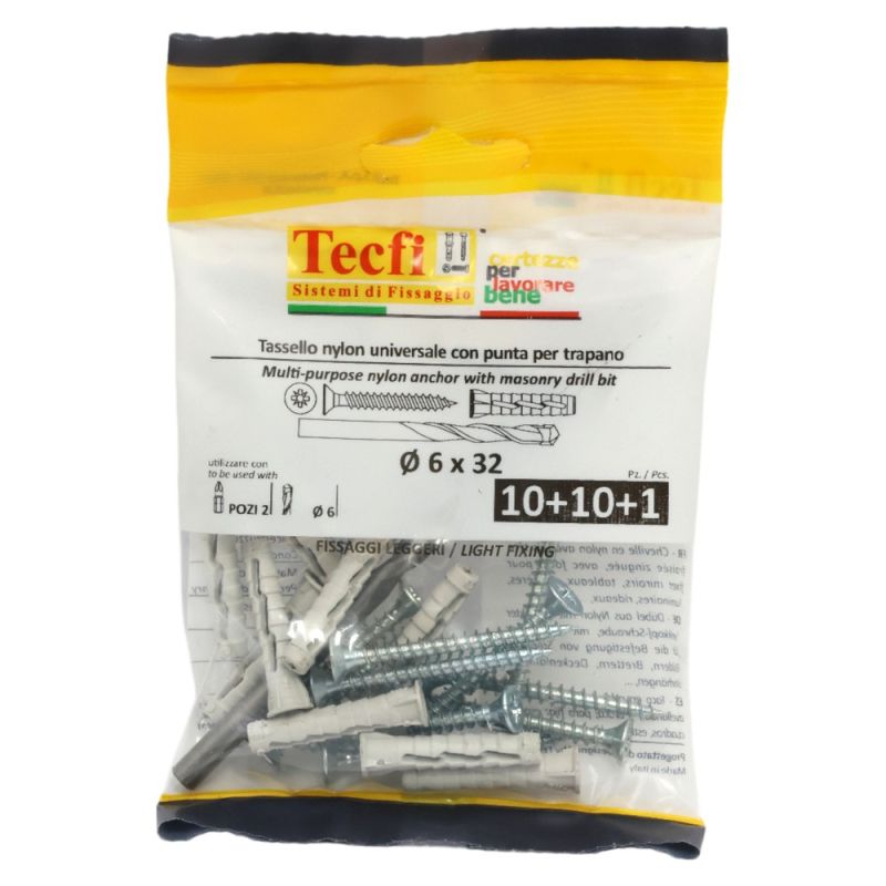 Multipurp.rim.Nylon anch.w/CSK screw+masonry drill, Ø 6x32m