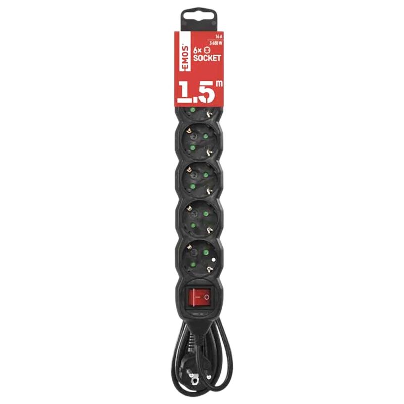 Electric extension cord, 6 modules, 1.5m, 3x1.5mm, black, wi